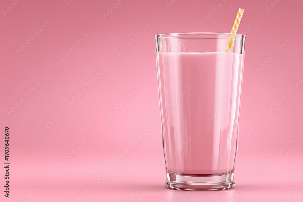 Poster Refreshing pink beverage served in a transparent glass with a straw illuminated by soft light creating an appealing visual against a pastel pink backdrop enhancing sensory experience