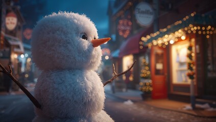 Standing snowman extending twig arms with carrot nose on small-town street at dusk, copy space