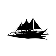 Silhouette of a traditional wooden sailboat with multiple masts and sails on the water