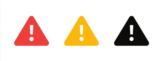 Vector icon of warning sign with three different colored triangles and exclamation mark in minimalistic flat style using simple shapes red yellow and black colors
