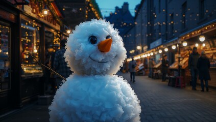 Standing snowman glowing under string lights on cobblestone market street, with wooden stalls