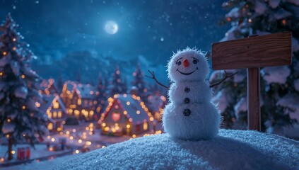 Standing snowman on hill with fresh snow, with signpost, pines, Christmas-lit cottages, copy space
