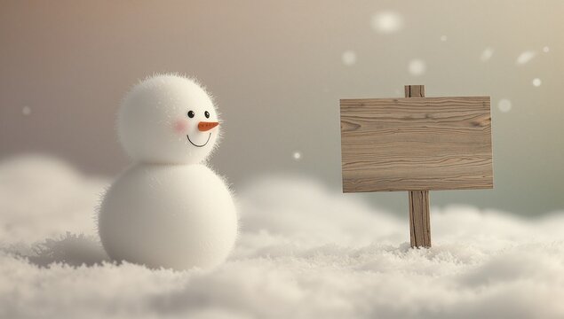 Standing fuzzy snowman wearing carrot nose in snowy field, with wooden signpost and snowflakes - Powered by Adobe