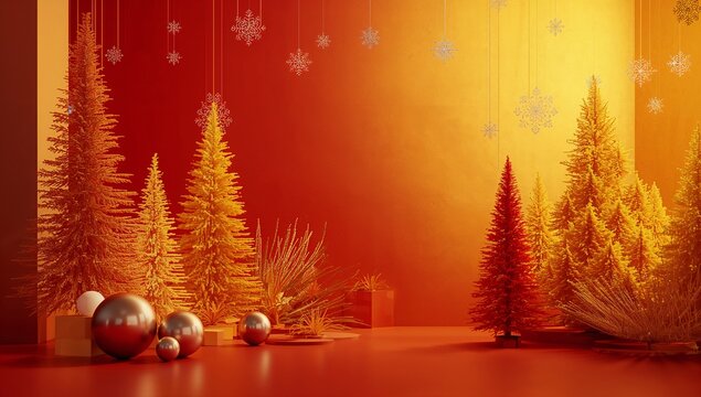 Showcasing gold-coated fir trees reflecting on red-gold studio floor with reflective ornaments - Powered by Adobe
