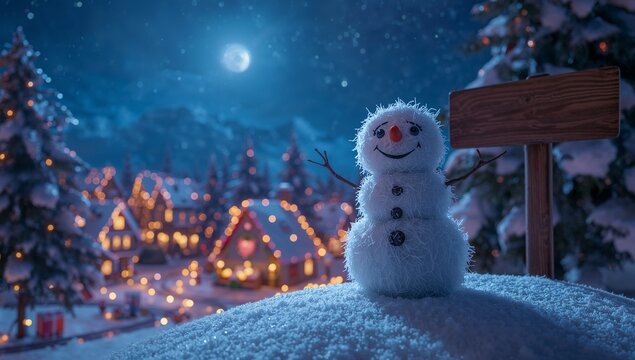 Standing snowman on hill with fresh snow, with signpost, pines, Christmas-lit cottages, copy space