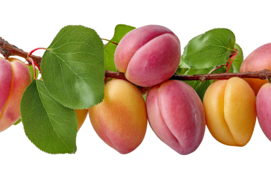 A vibrant cluster of ripe apricots hanging from a branch, showcasing their smooth skin and natural colors, with lush green leaves accentuating the fresh fruit in a serene garden setting