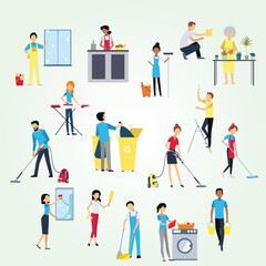 Flat Style Diverse People Cleaning Home and Office Activity Illustration