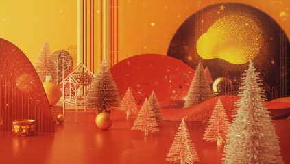 Featuring tinsel Christmas trees and golden spheres sparkling on glossy red set, with festive scene