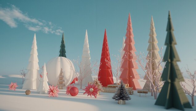 Displaying conical trees standing on snowlike ground, with large ornament sphere, baubles and gifts