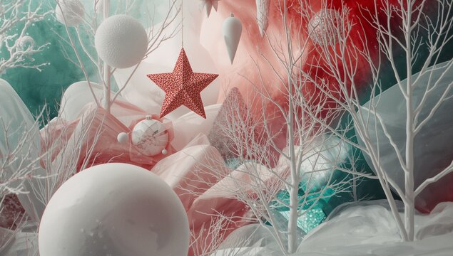 Hanging red star ornament above snow mounds in holiday display with white spheres and branches