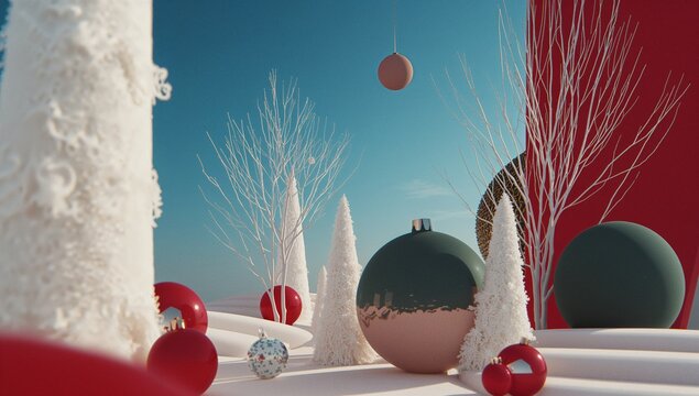 Featuring glossy ornament sphere floating above snowy hills, with white twig trees and red panel