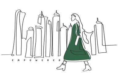 Hand darwn line art vector of an empowered woman with UAE Skyline. UAE woman rights and development concept.