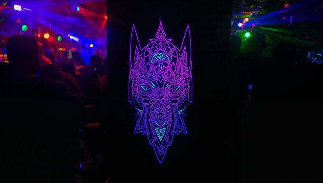 Glowing neon animal face panel lighting nightclub interior, with multicolored laser beams