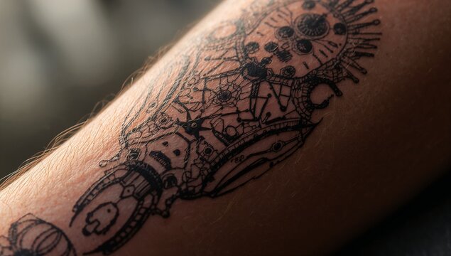 Showing forearm featuring intricate black-line tattoo in macro shot, mechanical planetary celestial - Powered by Adobe