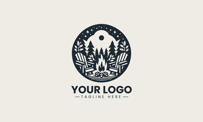 Fototapeta premium Inviting black and white vector logo of a campfire with an Adirondack chair in a forest, a cozy design