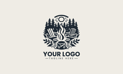 Obraz premium Inviting black and white vector logo of a campfire with an Adirondack chair in a forest, a cozy design