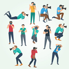 Diverse Flat Style Collection of Photographer Character in Various Poses