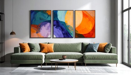 Abstract art pieces on wall, modern living room