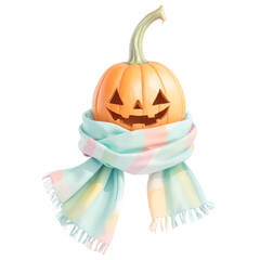 pumpkin wrapped in scarf, kawaii pastel watercolour, transparent background