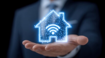 Smart home wi-fi icon in businessman hand image with digital overlay. House automation signal IoT connectivity photography conceptual. Wireless technology concept photo realistic