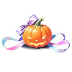 pumpkin with ribbon bow, kawaii pastel watercolor, transparent background