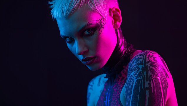 Highlighting model with platinum hair showcasing geometric body paint in studio, with neon lighting