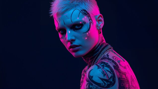 Model showing tribal paint, tattoos and neon dots in studio, with metallic jewelry, copy space - Powered by Adobe