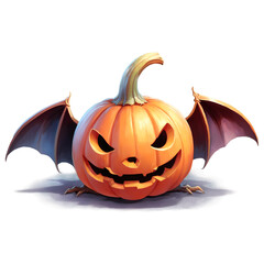 pumpkin with tiny cute bat on top, kawaii pastel watercolor, transparent background