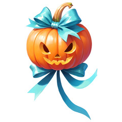 pumpkin with ribbon bow, kawaii pastel watercolor, transparent background