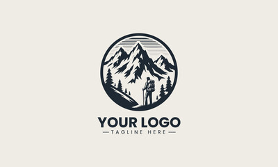 Fototapeta premium Inspiring black and white vector logo of a lone hiker gazing at majestic mountains, a perfect design for exploration brands