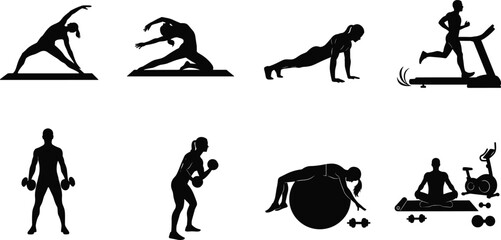 Fitness silhouettes, exercise icons, yoga pose, treadmill running, strength training, dumbbell workout, push up, stretching, meditation, healthy lifestyle, vector illustration