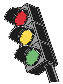 A traffic light with three signals red on top, yellow in the middle, and green at the bottom shown at a slight angle with visors over each light.