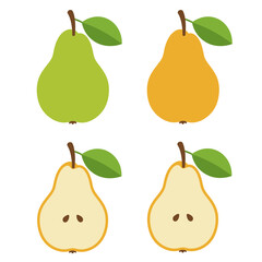 Four ripe pears whole and halved showing seed details fresh fruit healthy eating