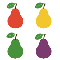 Four colorful pears green red yellow and purple with leaves ready for healthy eating designs
