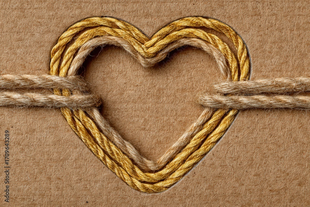 Poster handcrafted heart shape made with golden twine on a rustic brown paper background symbolizing love c