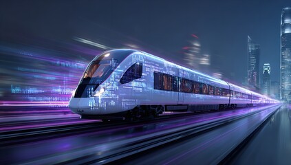 Naklejka premium Digital art of high-tech train racing through cityscape, featuring cyber code visuals, motion blur, vibrant colors, and futuristic technology concept