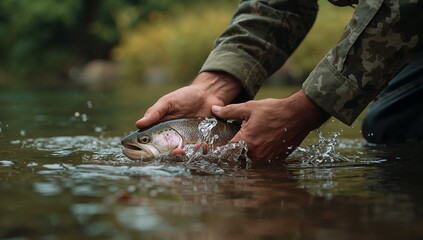 Holding adult male hands releasing rainbow trout in clear shallow river, with camouflage sleeves