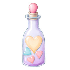 potion bottle with pastel hearts inside, kawaii pastel watercolor, transparent background