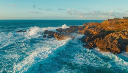 Crashing ocean waves pounding rugged cliffs at coastal shore, with surf foam and rocky outcroppings