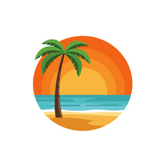 Vibrant tropical sunset palm tree beach scene circular emblem for summer vacation and travel