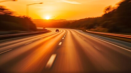 Obraz premium Sunset highway with blurred motion effect and warm golden tones in a simple landscape.