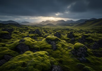 Dramatic Sunset over Mossy Volcanic Landscape