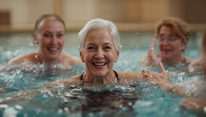 Fototapeta premium Smiling senior with white hair doing water aerobics in pool, showing swimsuits and tiled walls