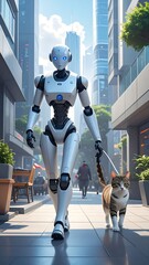Futuristic robot walks with cat