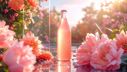 Elegant glass bottle of a refreshing pink beverage surrounded by lush coral flowers in a sunlit garden setting