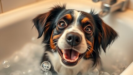 A joyful dog playing in a bathtub full of bubbles, showcasing a playful expression.