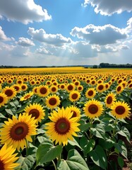 Fototapeta premium Vast sunflower field under a cloudy blue sky, golden blooms stretching to the horizon, blossoms, tranquility, landscape