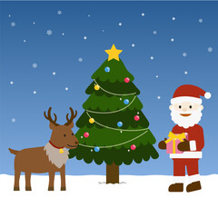 プレゼントを持ったサンタクロースとトナカイ