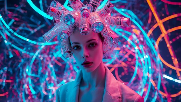 Showcasing model wearing blazer, metallic hair rollers at studio set, with glowing tubes and rings