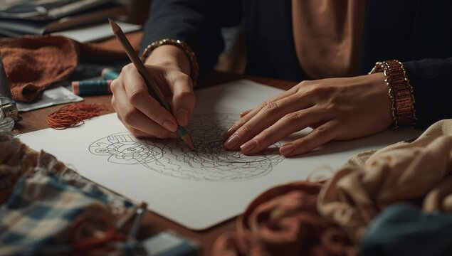 Artist hands drawing mandala on paper in craft studio, with graphite pencil and thread spools - Powered by Adobe